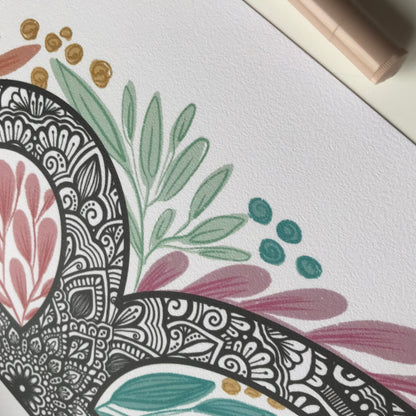 mandala R letter with plant doodle