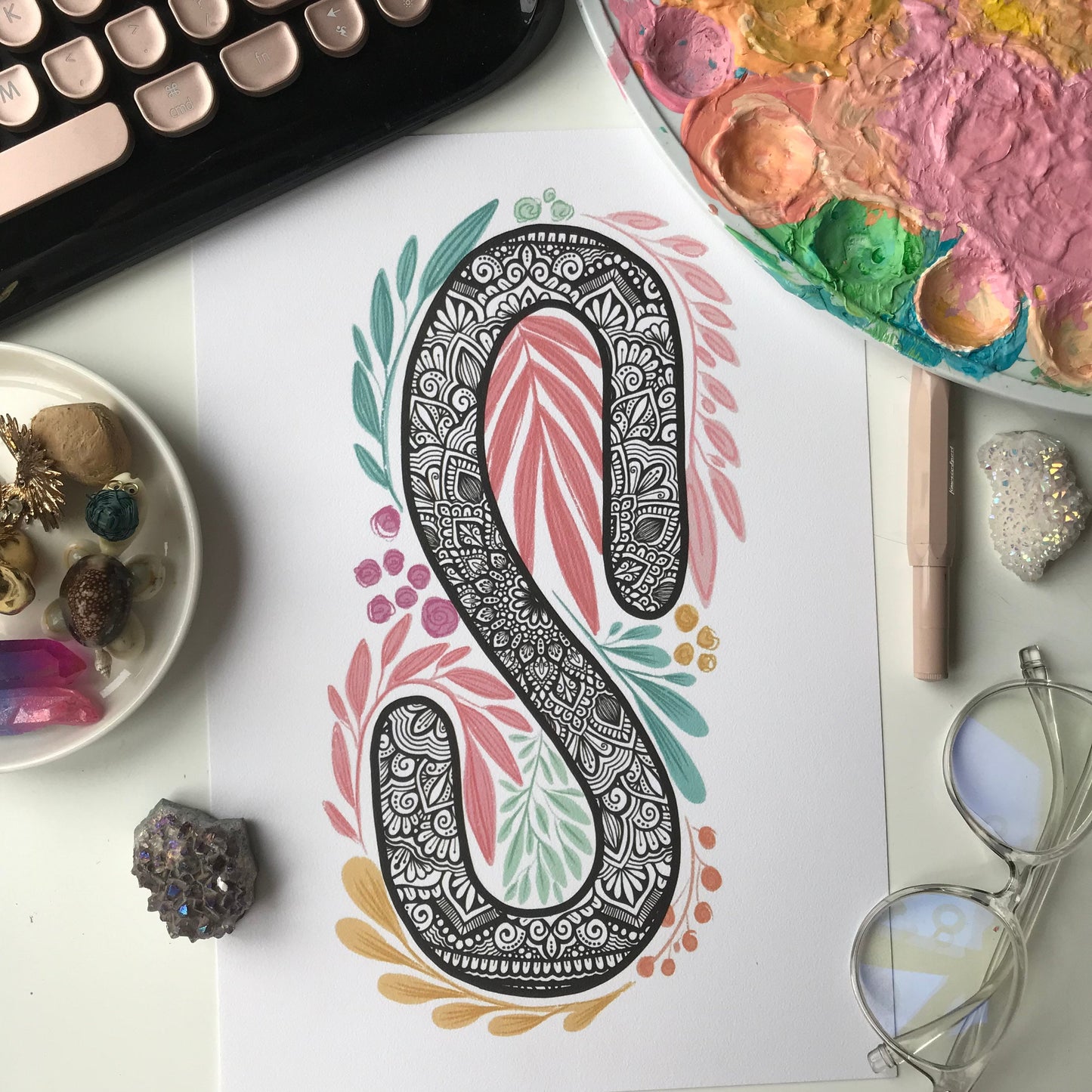 Mandala S letter with plant doodle