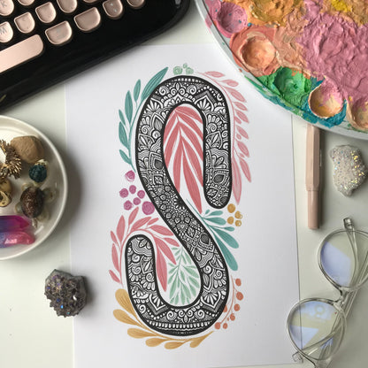 Mandala S letter with plant doodle