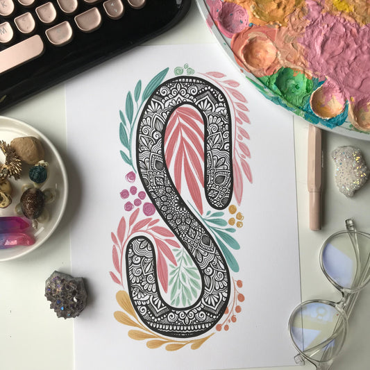 Mandala S letter with plant doodle