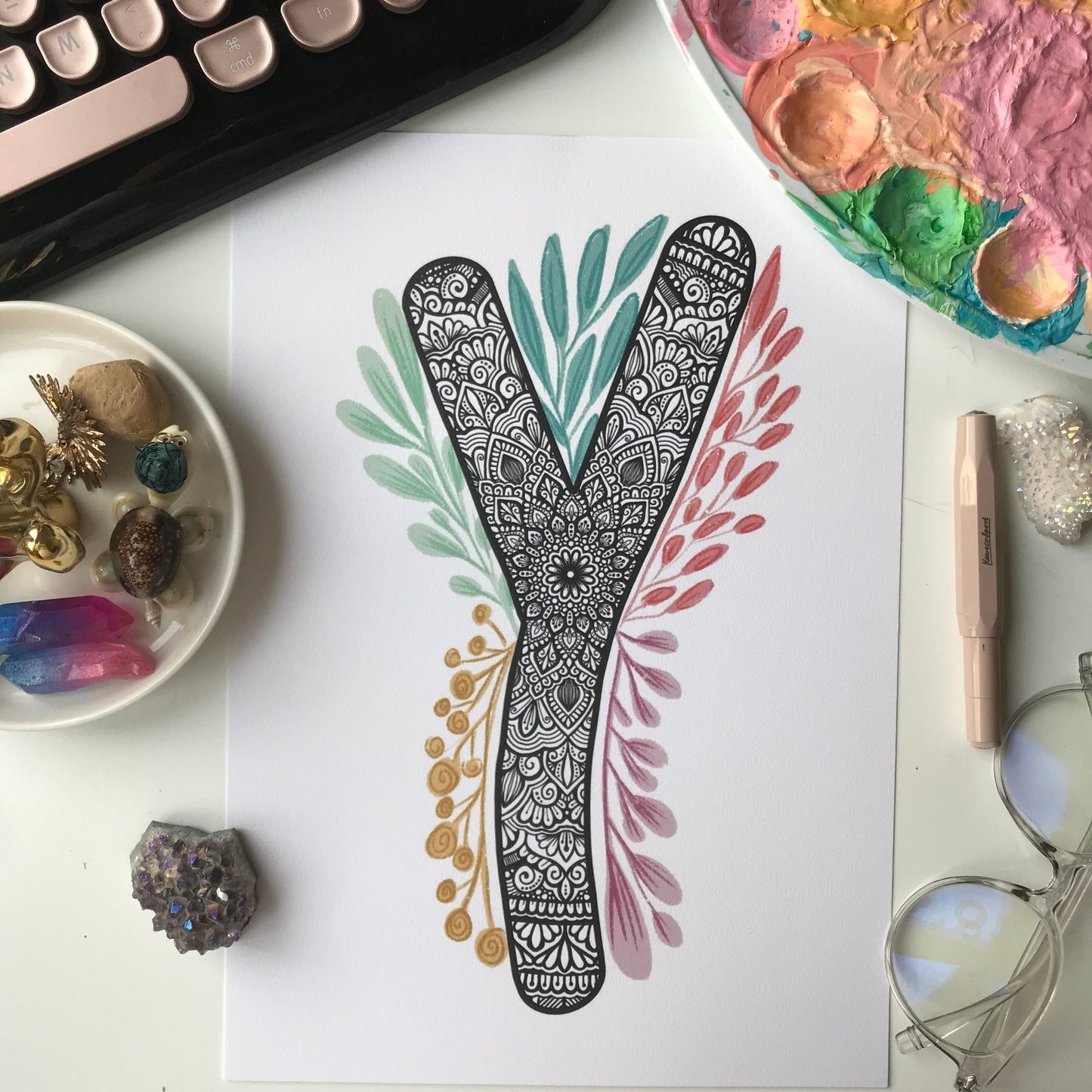 Mandala Y letter with plant doodle