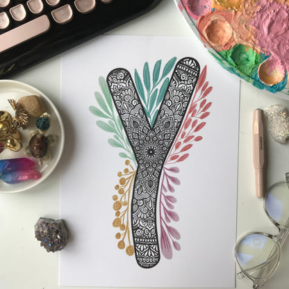Mandala Y letter with plant doodle