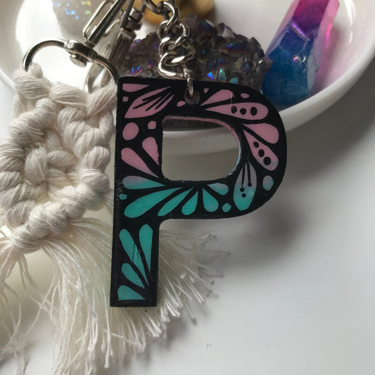 Zentangle P wooden letter keychain
