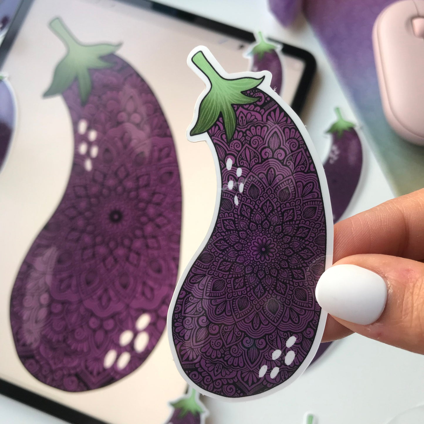 Eggplant mandala waterproof stickers