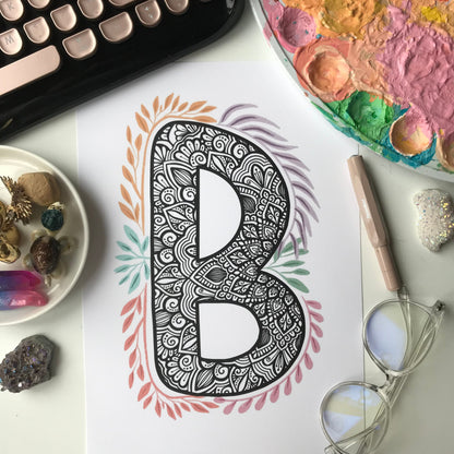 Mandala B letter with plant doodle