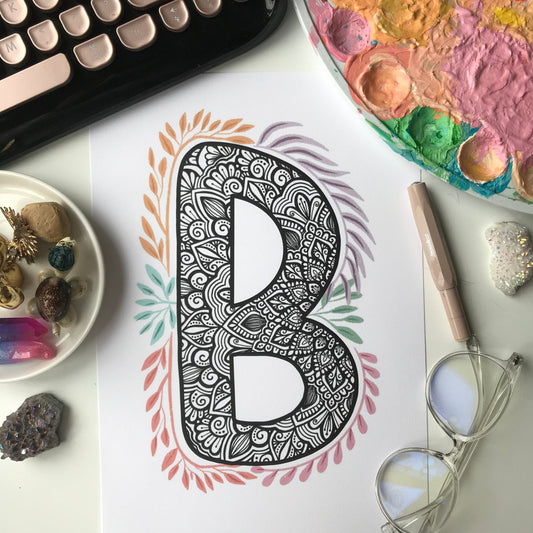 Mandala B letter with plant doodle