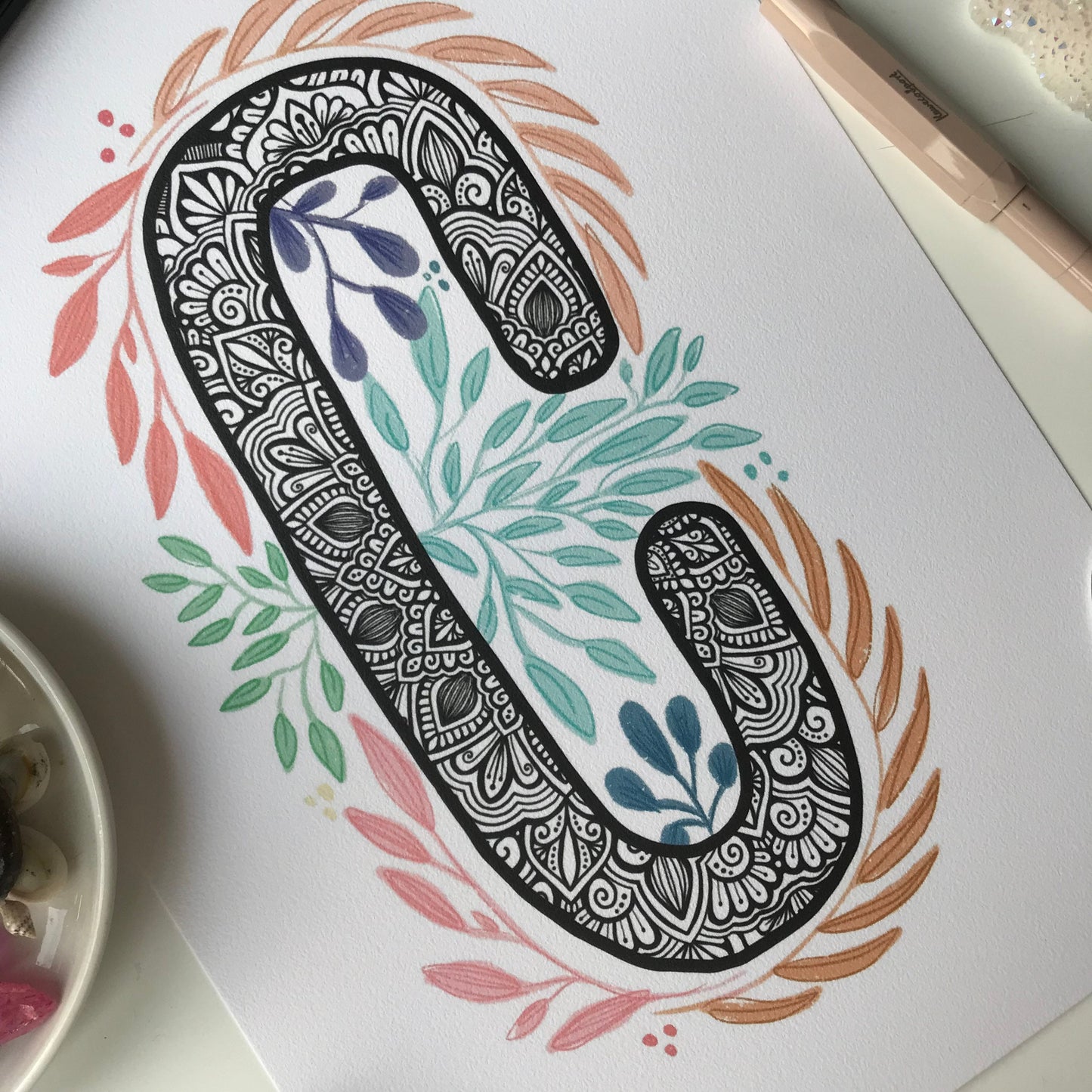 Mandala C letter with plant doodle