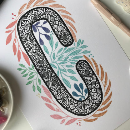 Mandala C letter with plant doodle