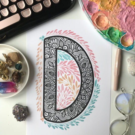 Mandala D letter with plant doodle