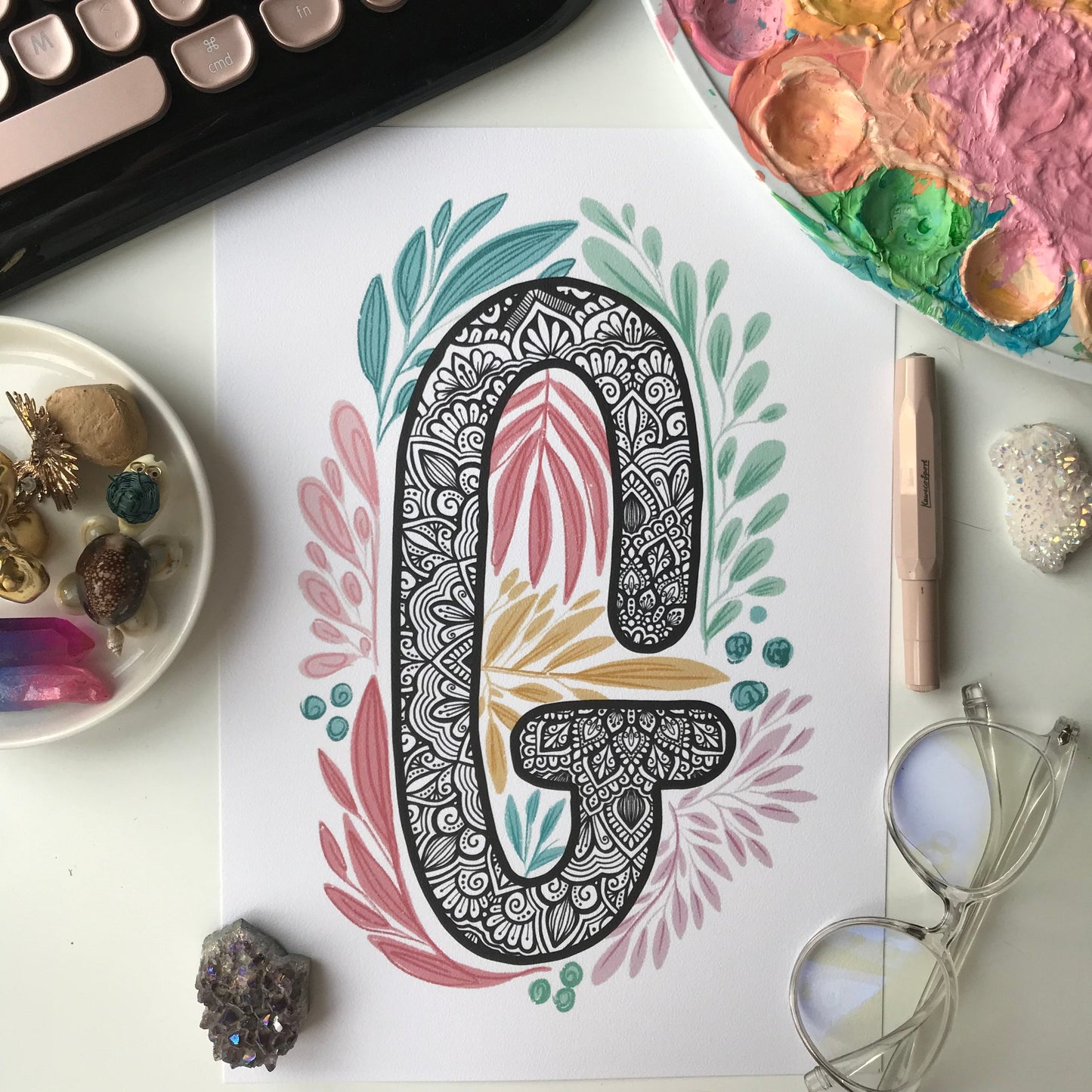 Mandala G letter with plant doodle