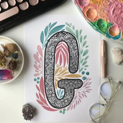 Mandala G letter with plant doodle