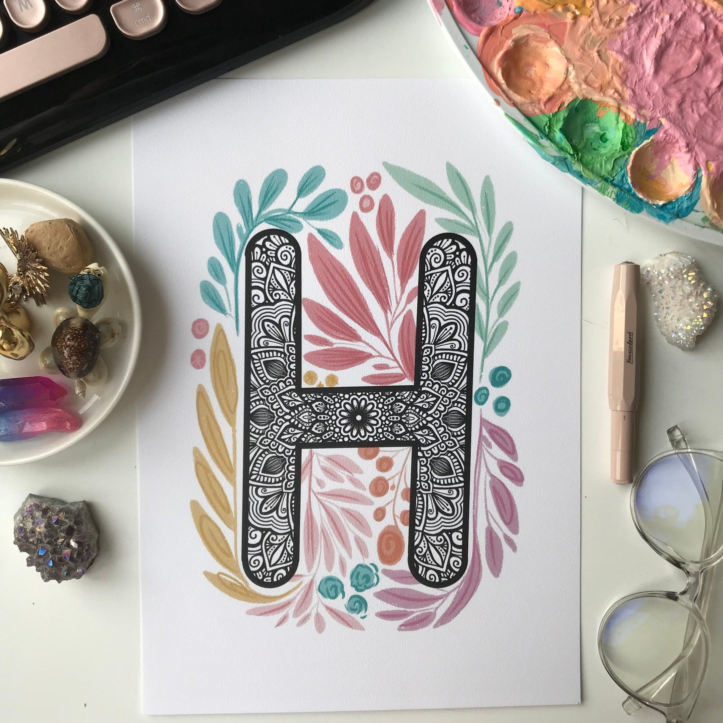 Mandala H letter with plant doodle
