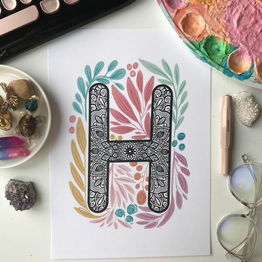 Mandala H letter with plant doodle