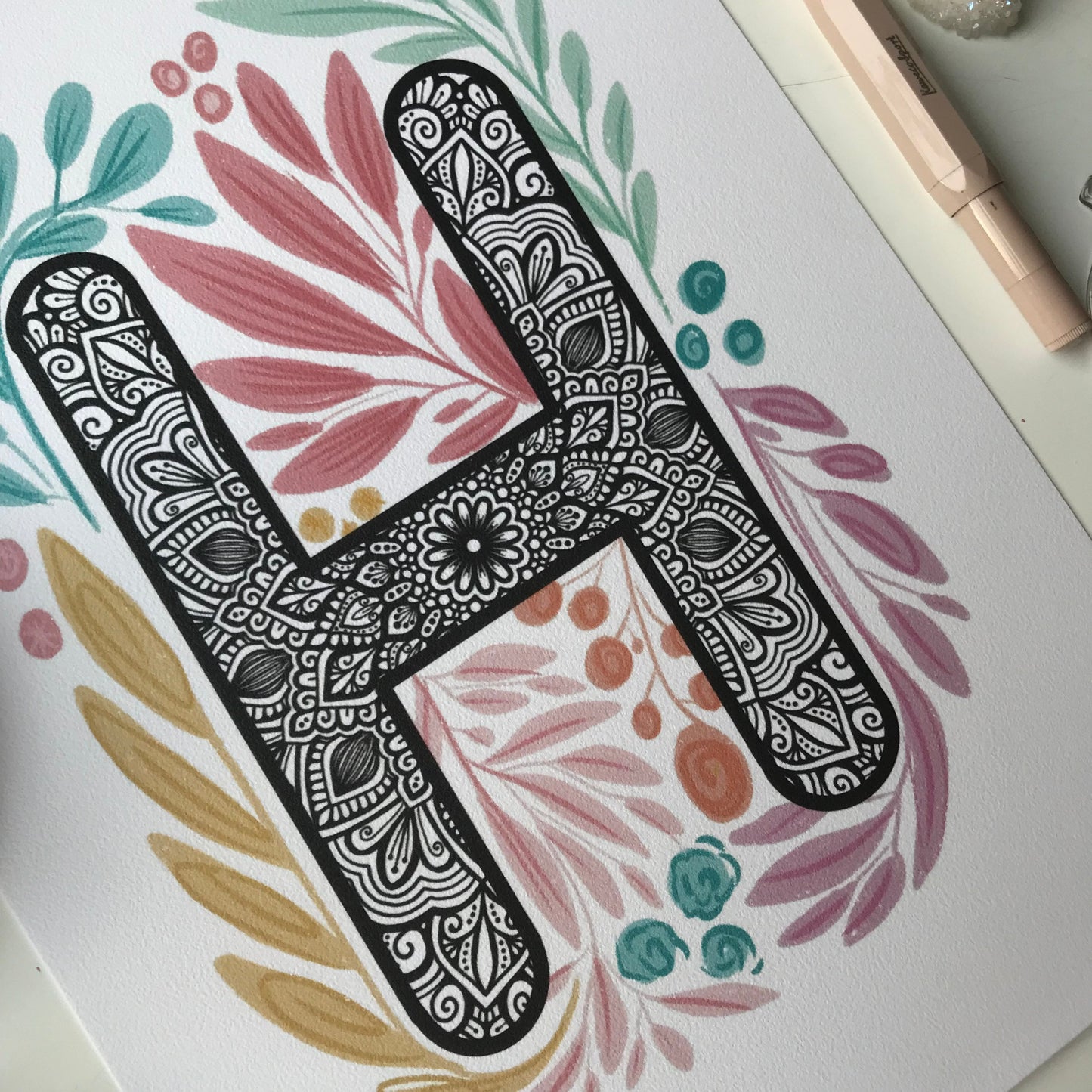 Mandala H letter with plant doodle