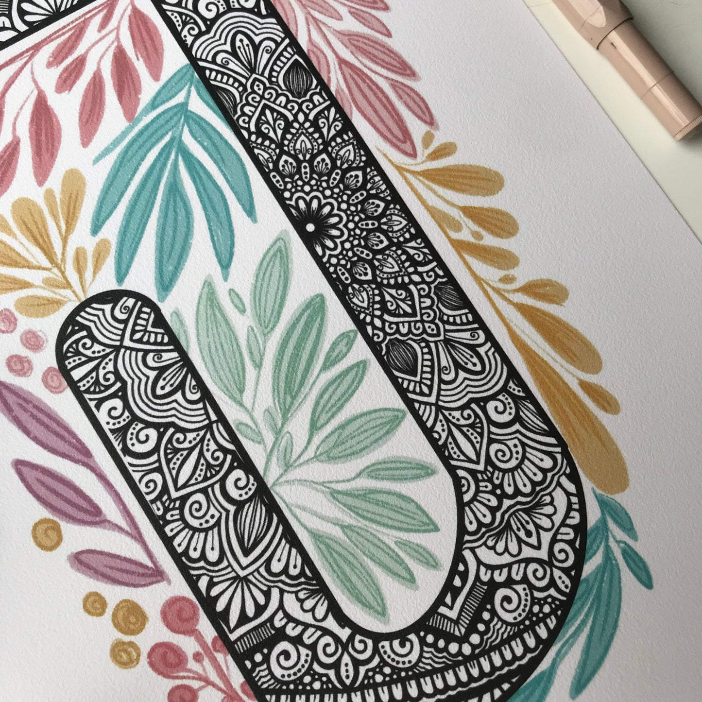 Mandala J letter with plant doodle