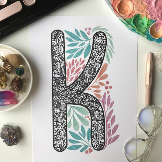Mandala K letter with plant doodle