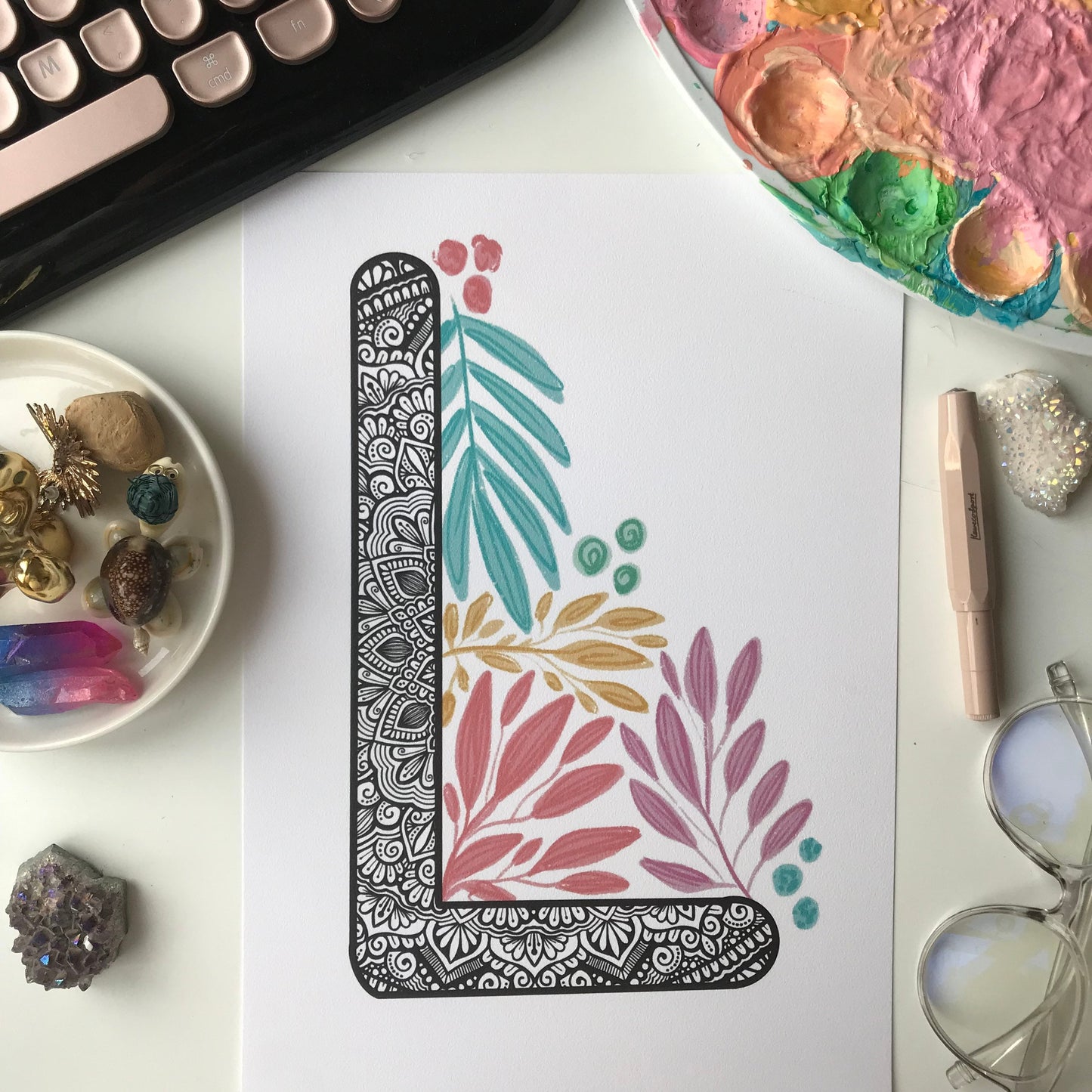 Mandala L letter print with plant doodle