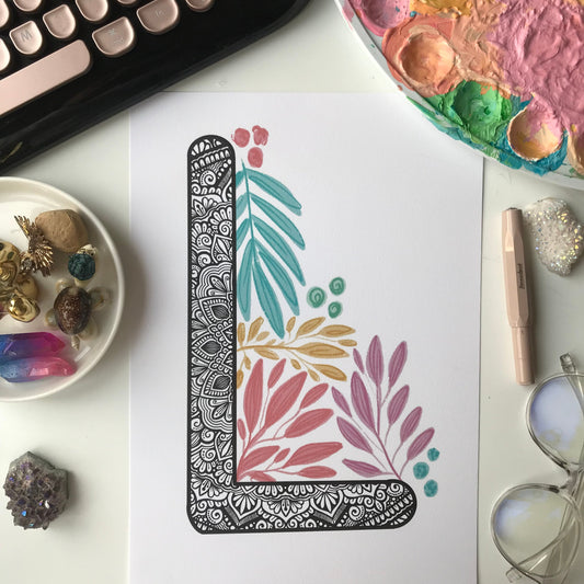 Mandala L letter print with plant doodle