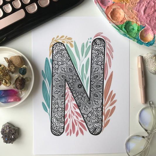 Mandala N letter with plant doodle