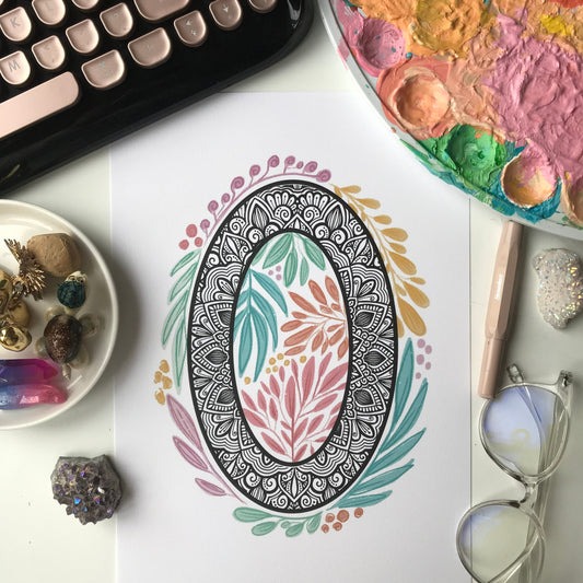 Mandala O letter with plant doodle