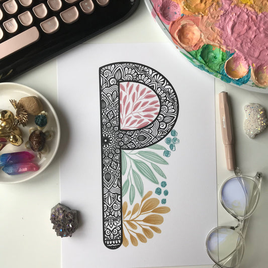 Mandala P letter with plant doodle