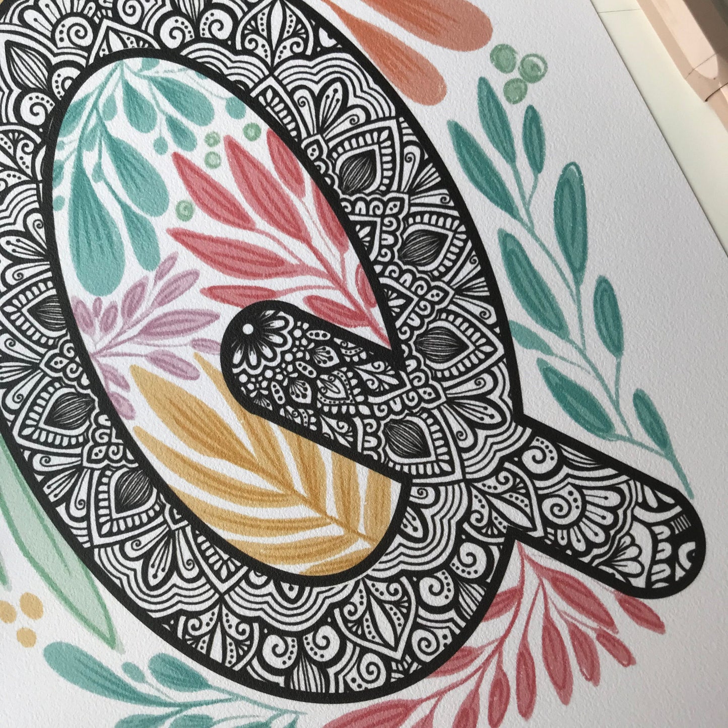 Mandala Q letter with plant doodle