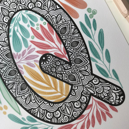 Mandala Q letter with plant doodle