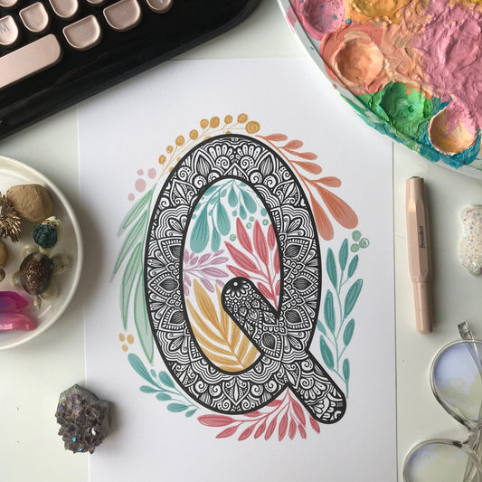 Mandala Q letter with plant doodle