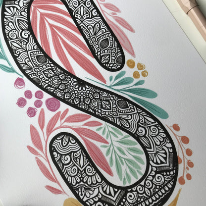 Mandala S letter with plant doodle