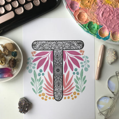 Mandala T with plant doodle