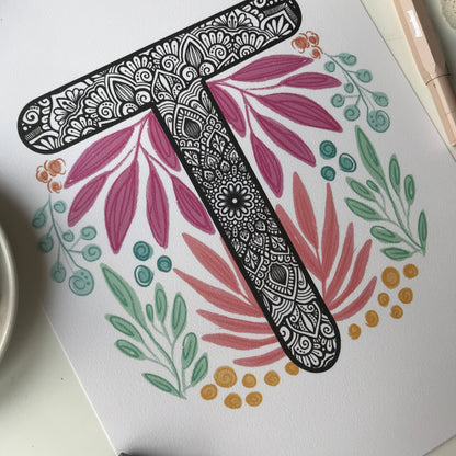 Mandala T with plant doodle