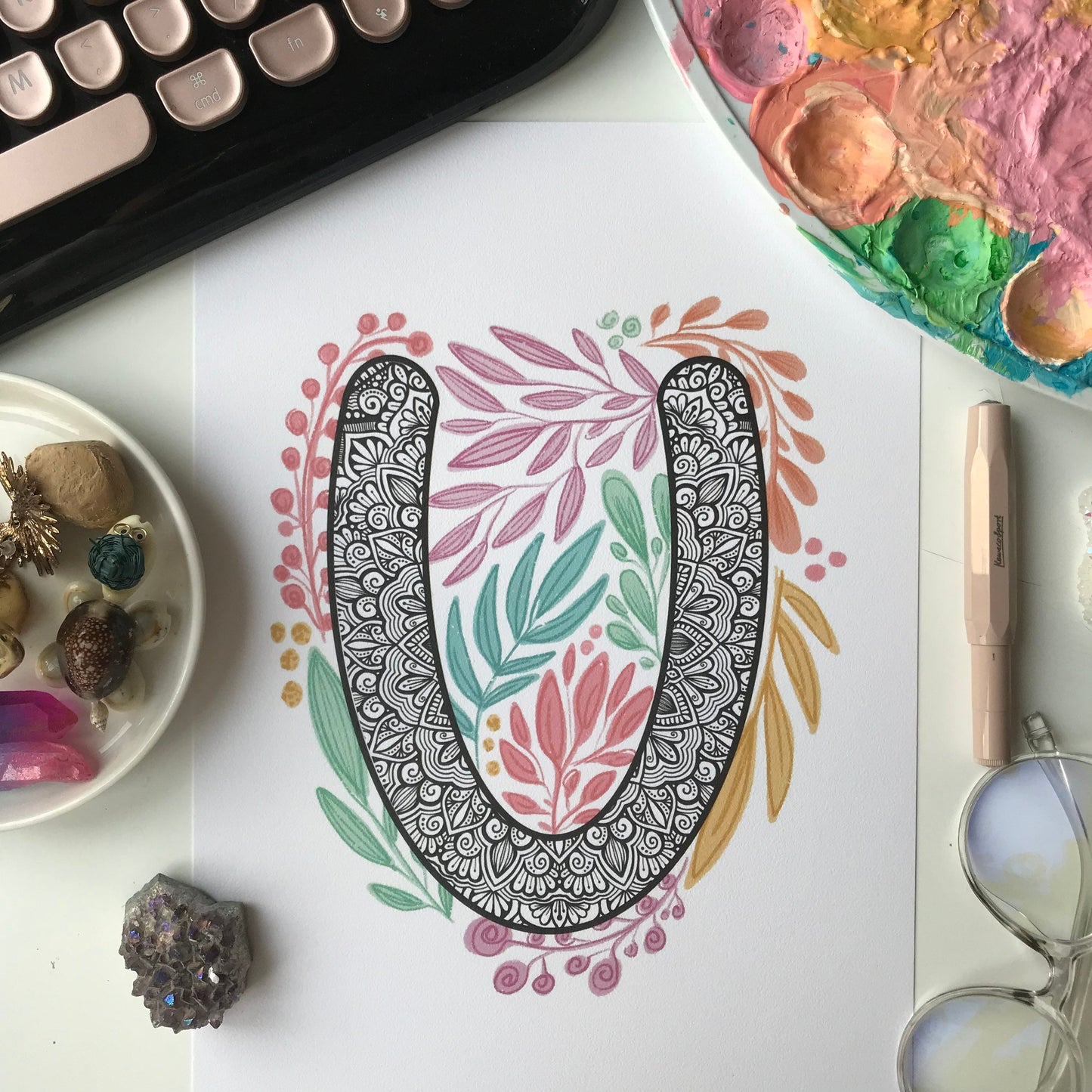 mandala U with plant doodle