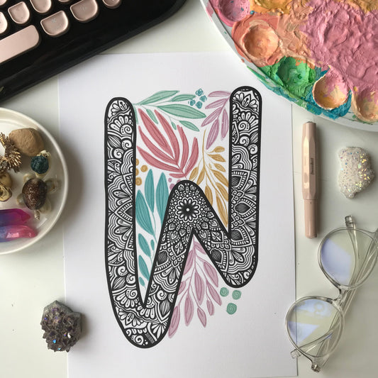 mandala W letter with plant doodle