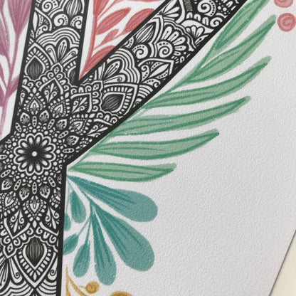 mandala X letter with plant doodle