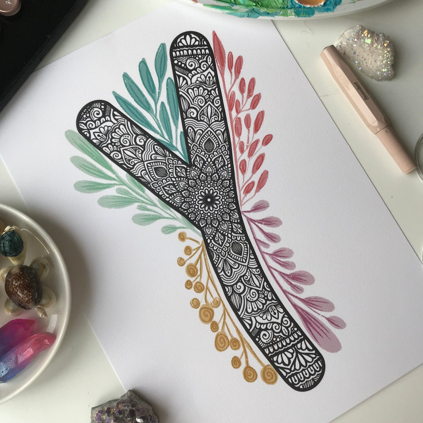 Mandala Y letter with plant doodle
