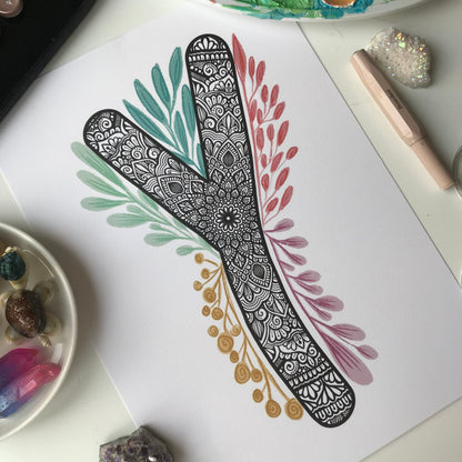 Mandala Y letter with plant doodle