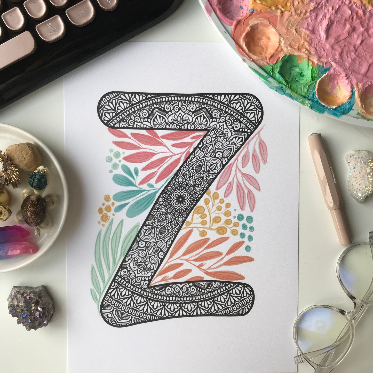 Mandala Z letter with plant doodle