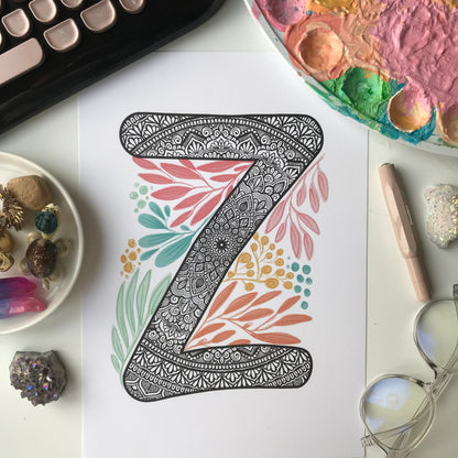Mandala Z letter with plant doodle