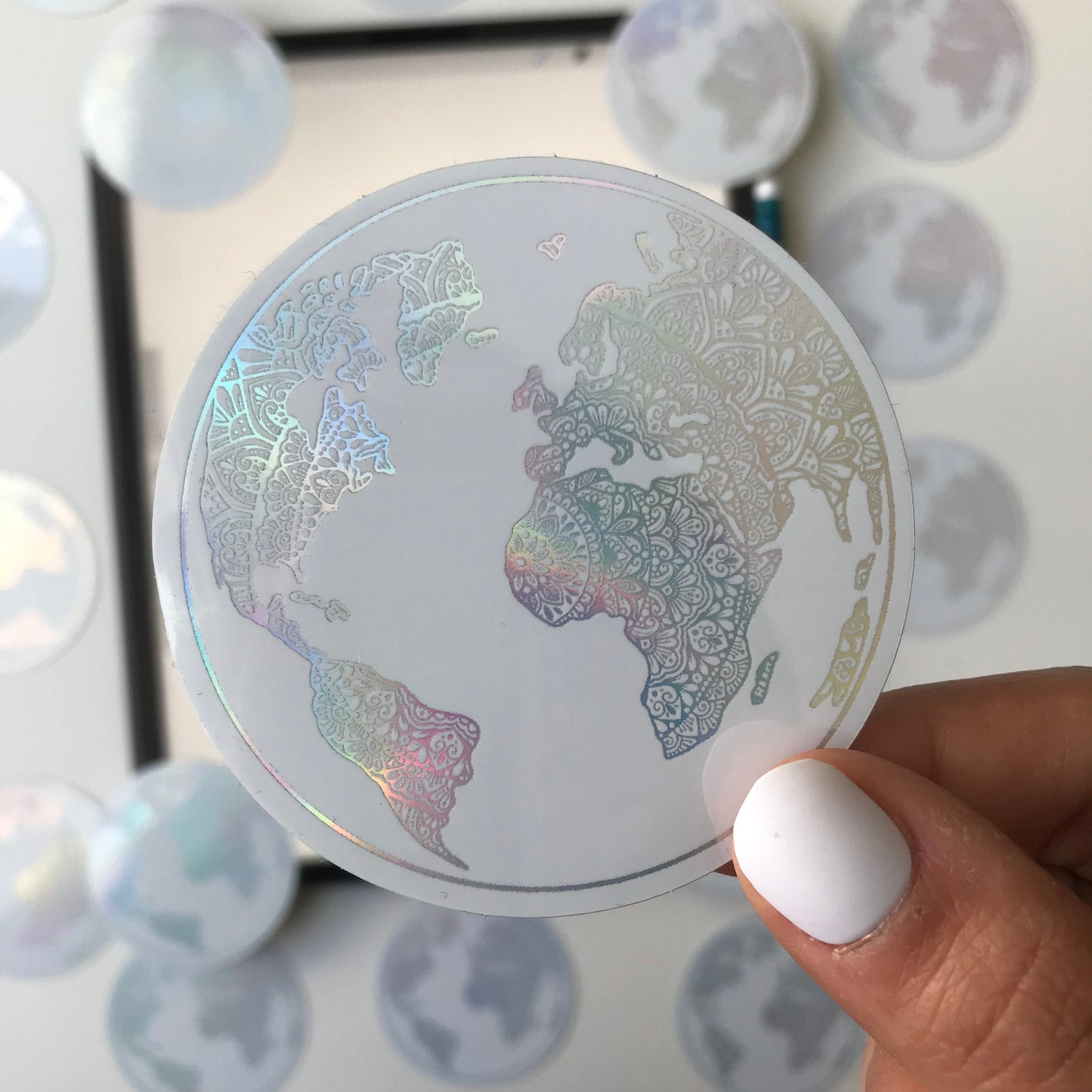 Holographic white mandala world map sticker