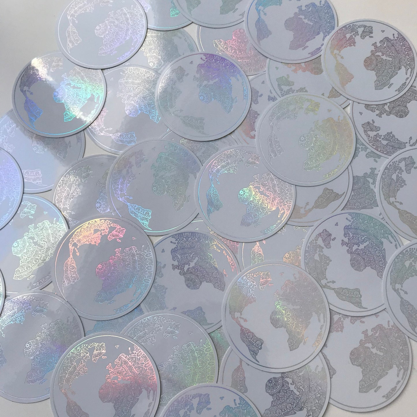 Holographic white mandala world map sticker