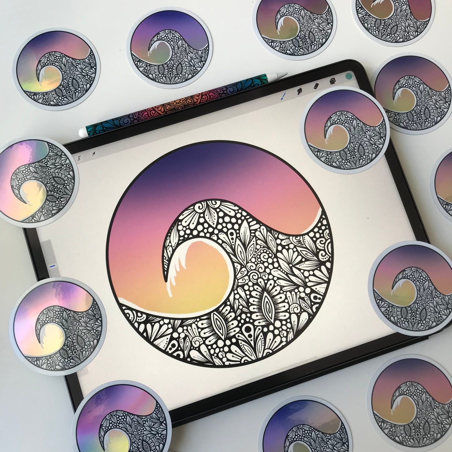 Zentangle wave holographic sticker