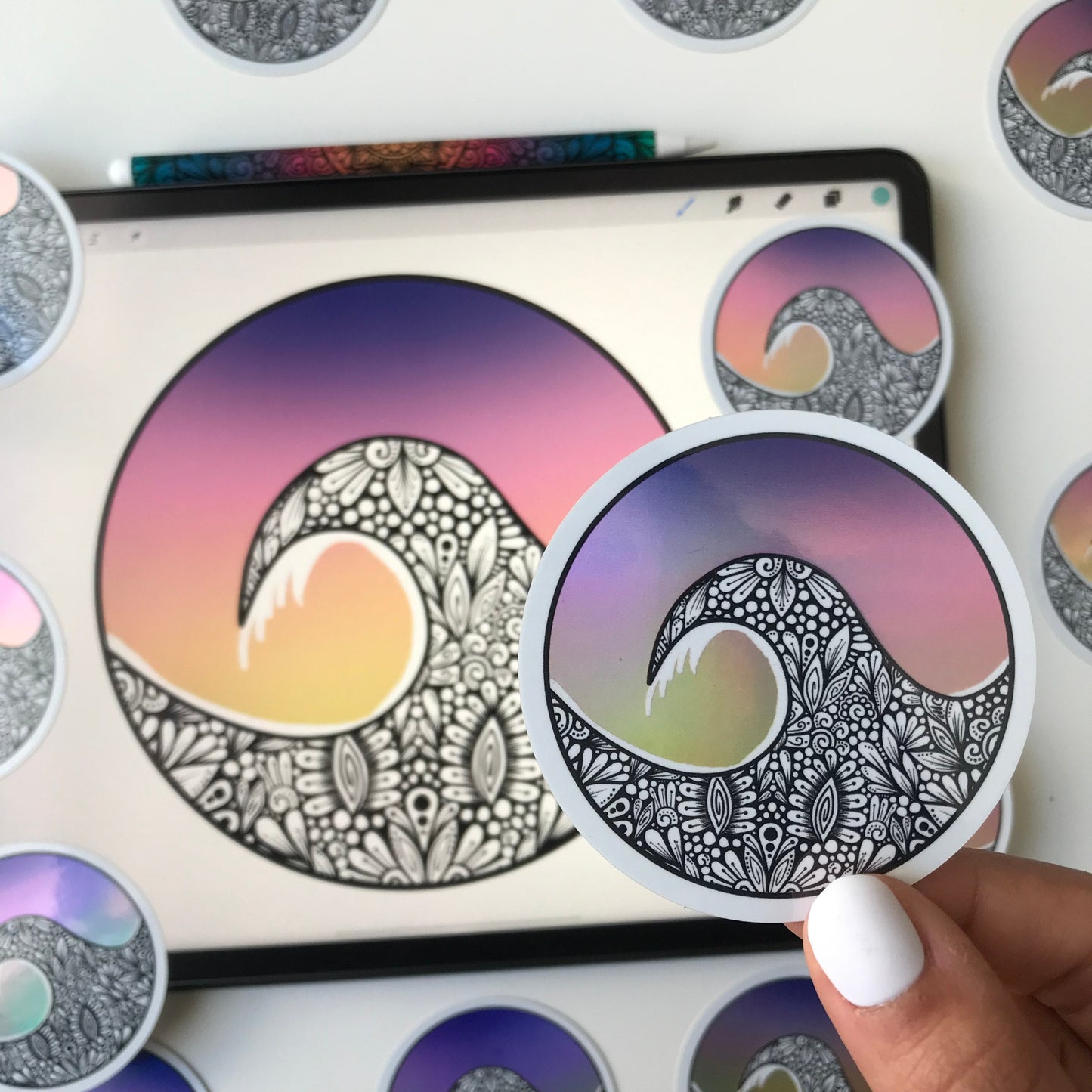 Zentangle wave holographic sticker