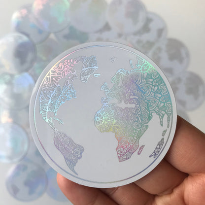 Holographic white mandala world map sticker