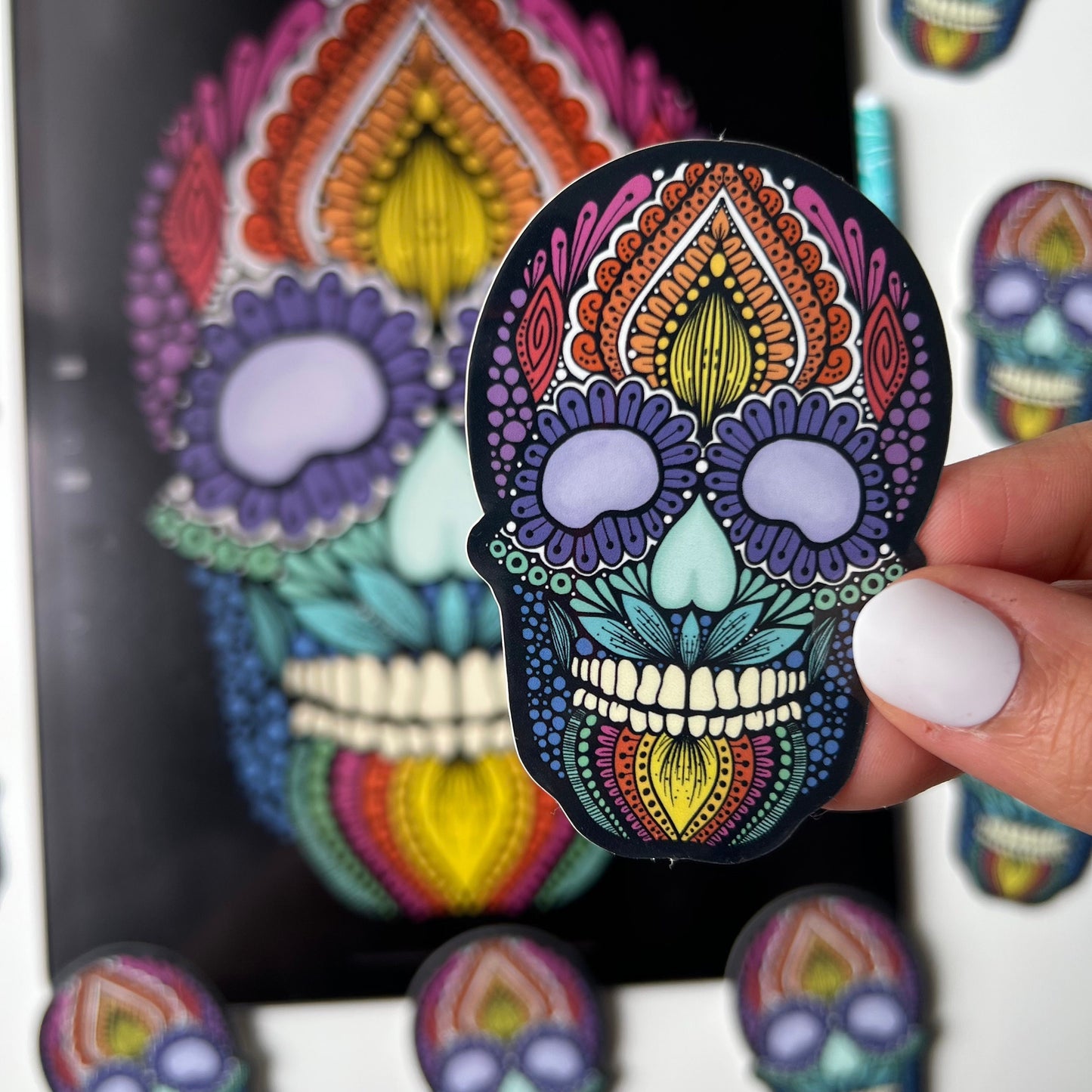 Rainbow zentangle skull sticker