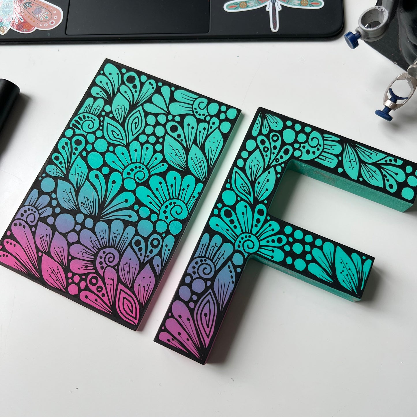 Zentangle F letter and a coaster