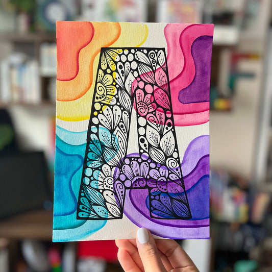 Zentangle A letter with a watercolor background - wall decor - original hand drawing
