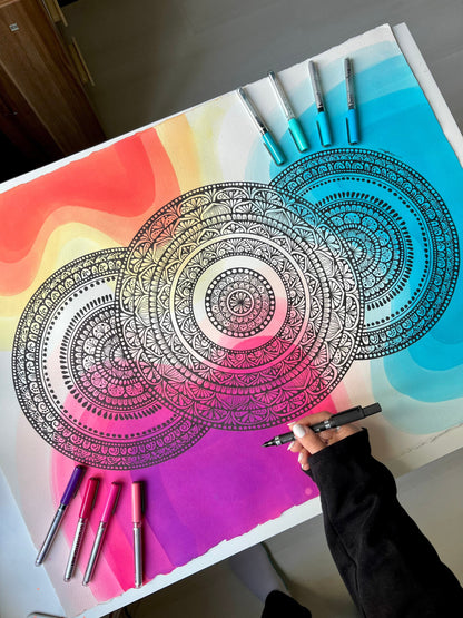 Hand drawing Mandala with a watercolor background