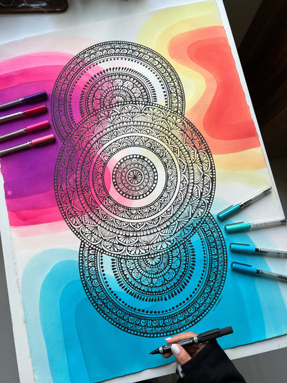 Hand drawing Mandala with a watercolor background