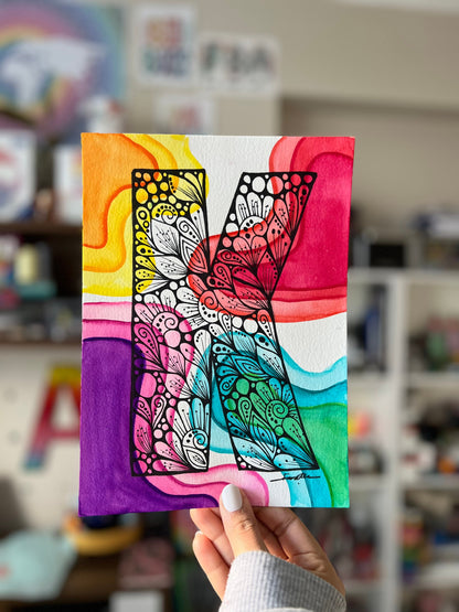 Zentangle K letter - hand drawing _ original artwork - wall decor