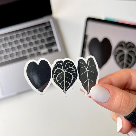 3 black plant leaf waterproof stickers